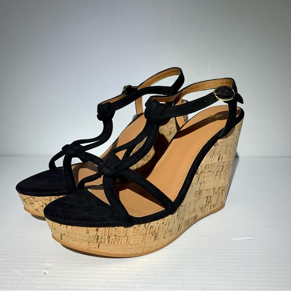 BRAND NEW H&M Black Sz 9.5 Strappy Cork Wedges Velour Feel Straps Platform’s - Picture 2 of 11